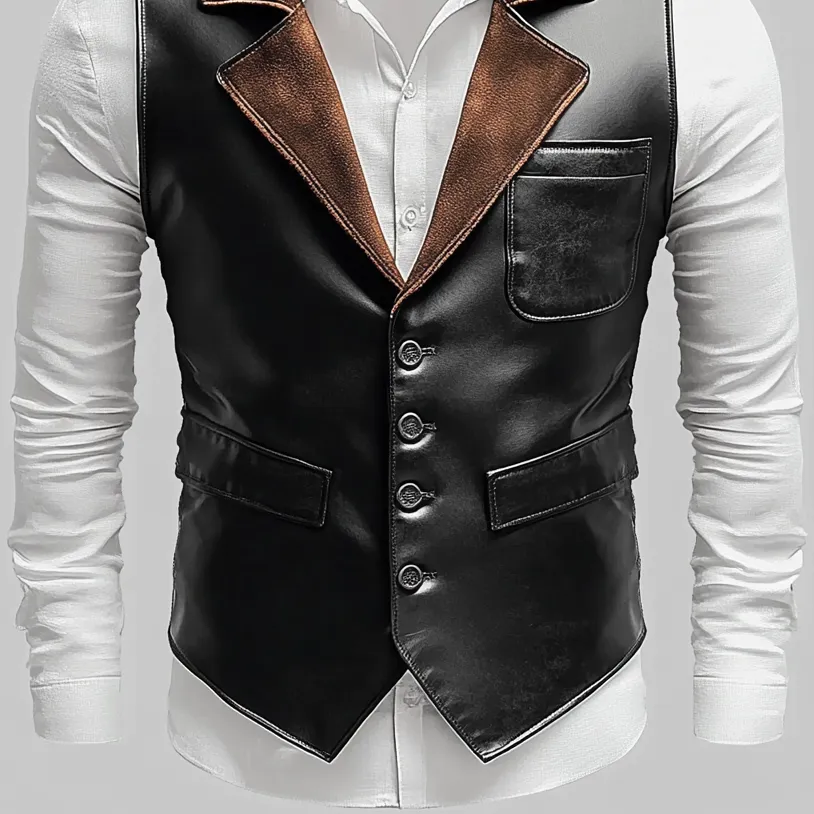 Men's PU Leather Contrast Notch Lapel Single Breasted Chest Pocket Vest
