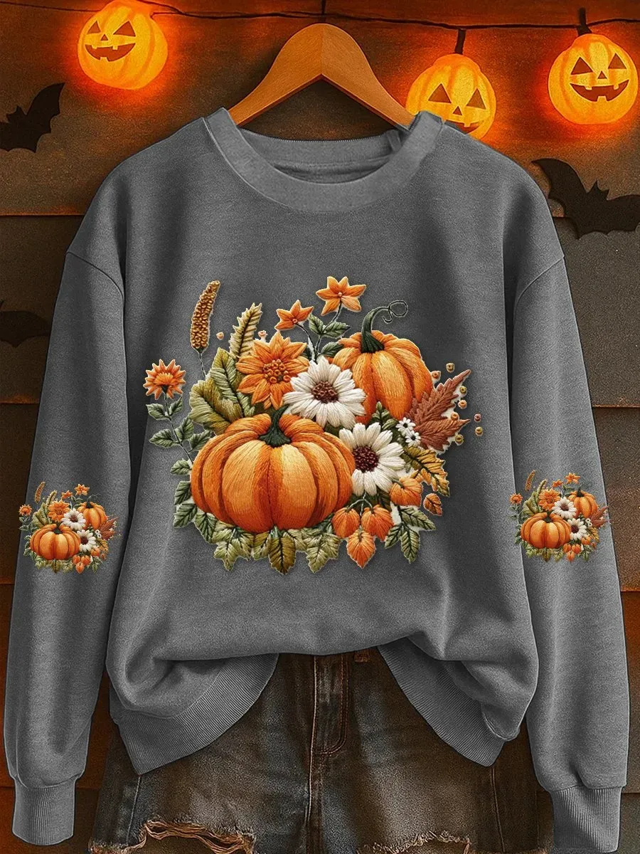 Women's Pumpkin Floral Print Casual Sweatshirt