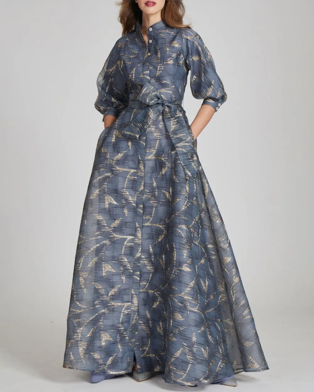 Women's Organza Jacquard Bow Shirt Maxi Satin Dress