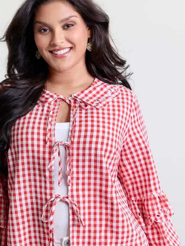 Gingham Embroidered Bow Tie Open-Front Shirt