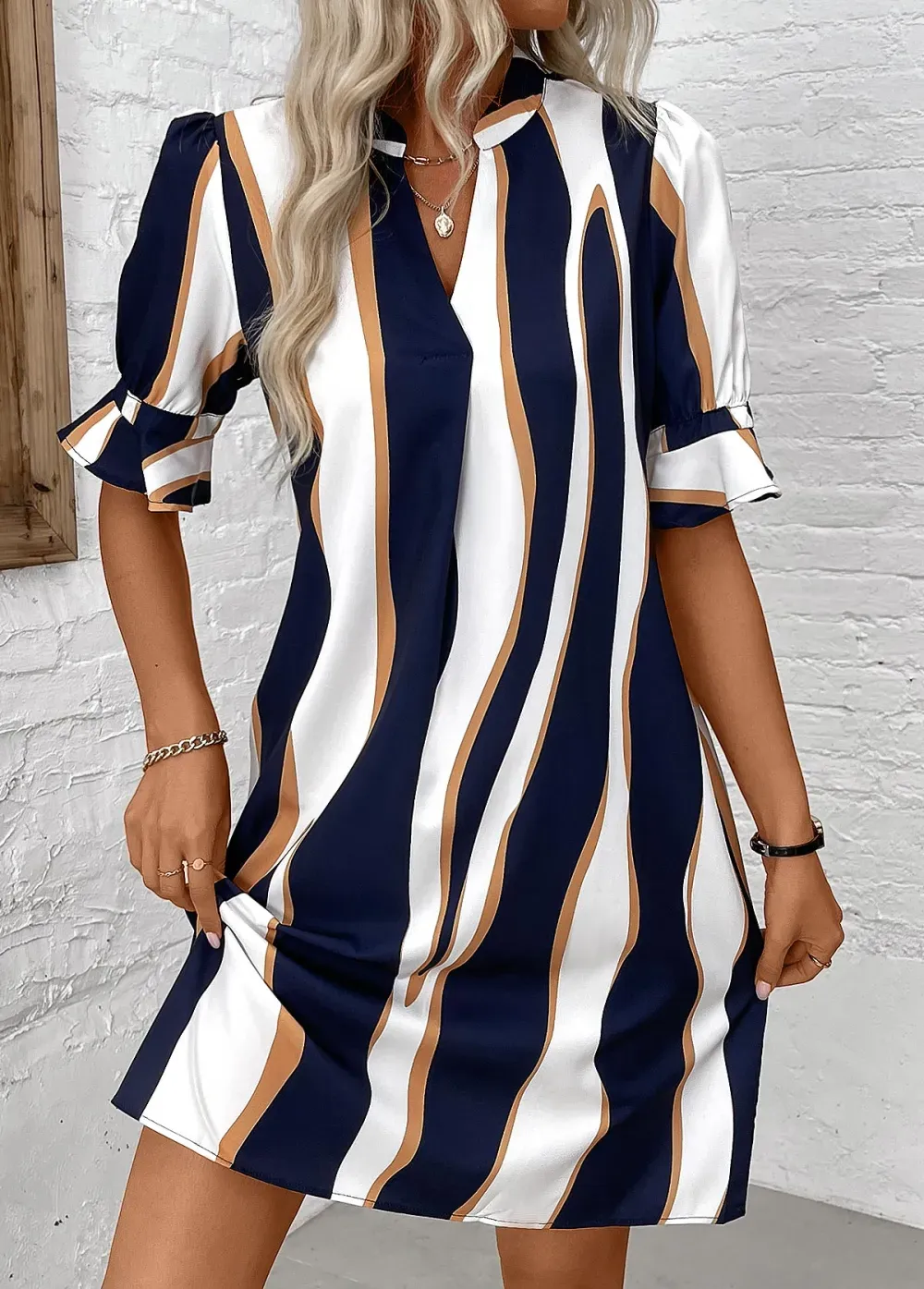 Navy Patchwork Striped Half Sleeve Split Neck Dress