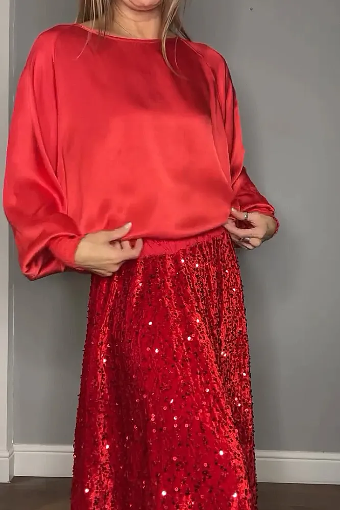 Women's fashion satin top and sequined skirt two-piece set