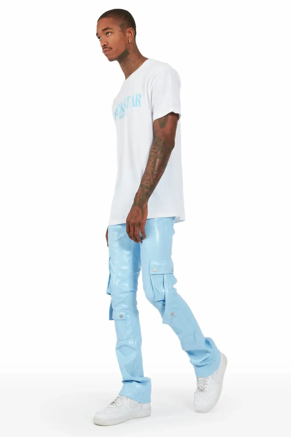 Errol Baby Blue Faux Leather Stacked Cargo Jean