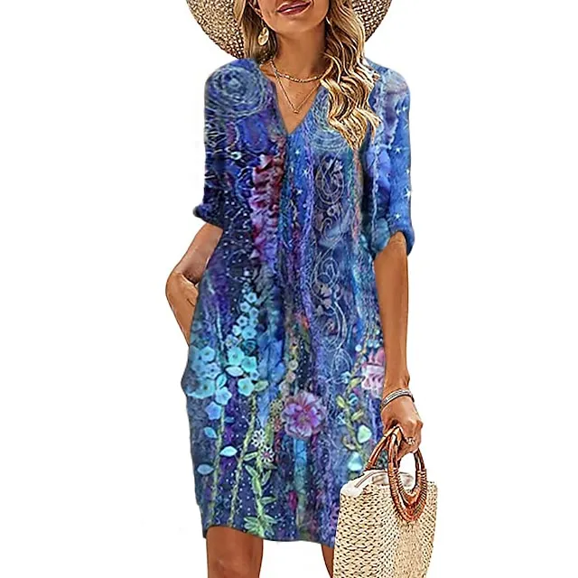 Women‘s Casual Dress Midi Dress Leopard Black White Half Sleeve Floral Print
