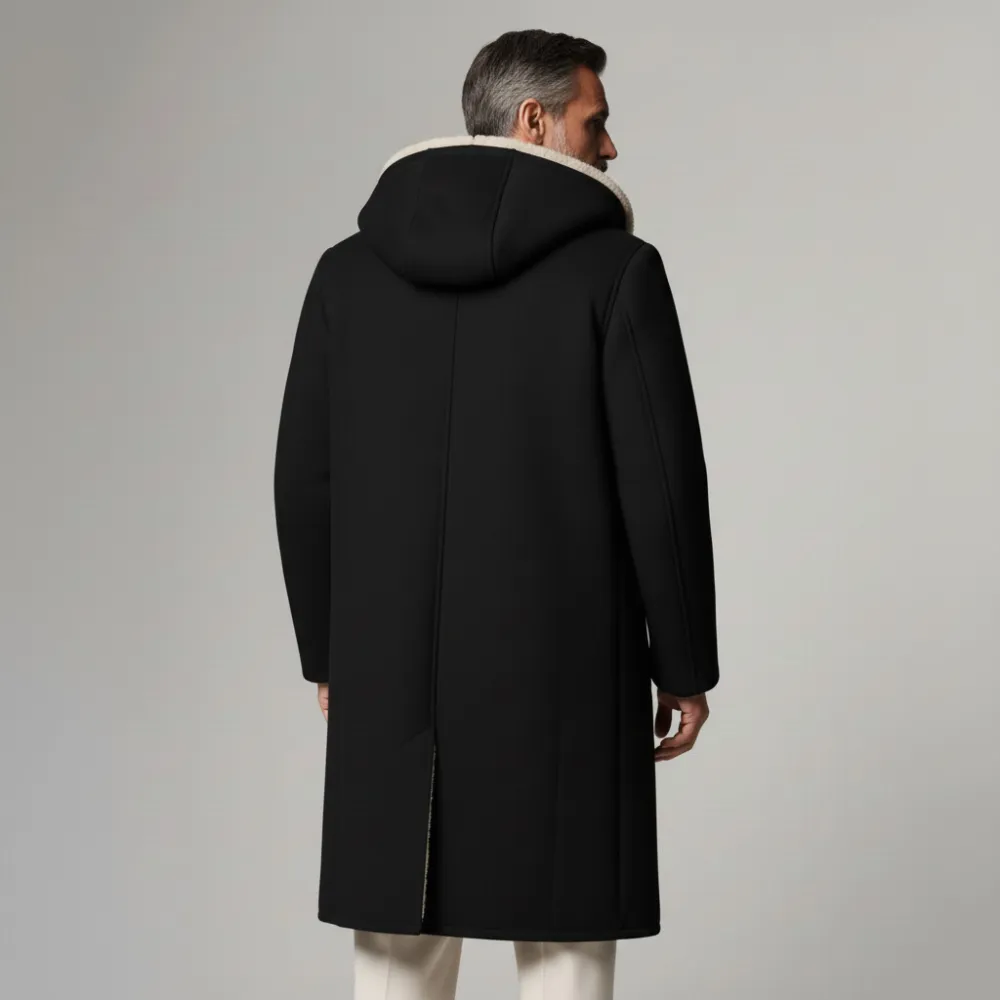 Men's Black Double Breasted Long Sleeve Shearling-Lined Hooded Coat
