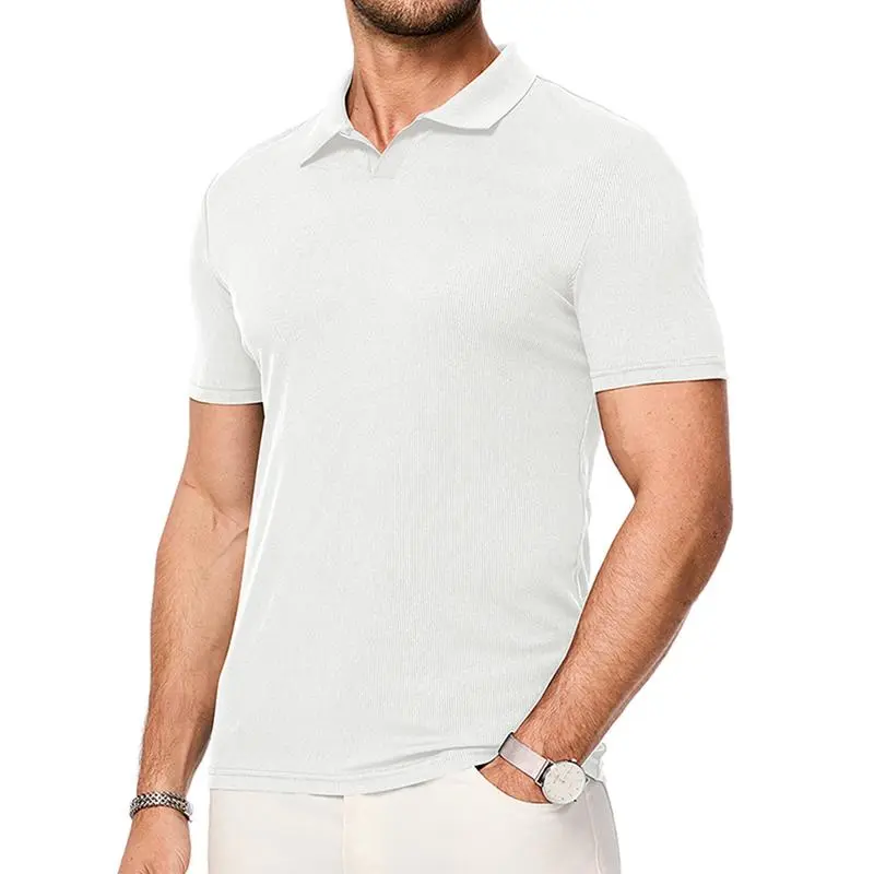 Men's Muscle V Neck Polo Shirts Casual Short Sleeve Slim Fit Ribbed Golf T Shirt Athletic Tee Shortsleeve Menswear Top