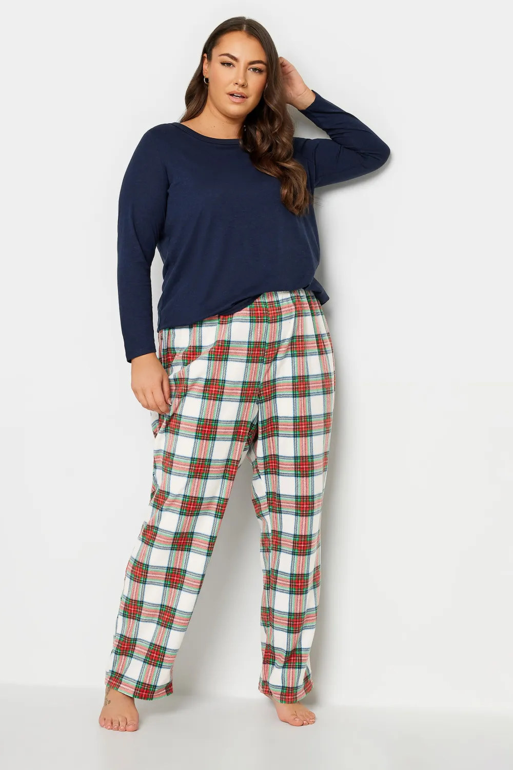 YOURS Curve Blue & Green Tartan Print Pyjama Bottoms