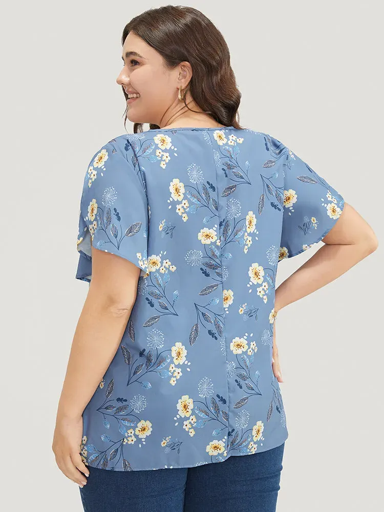 Floral O Ring Zipper Split Petal Sleeve Blouse