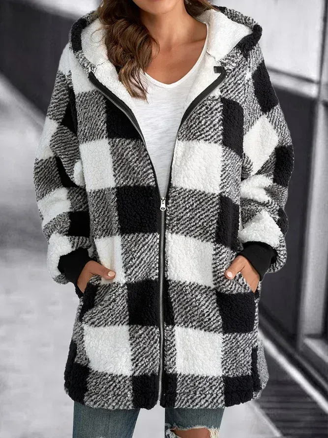 HOODIE PLAID LOOSE OVERCOAT