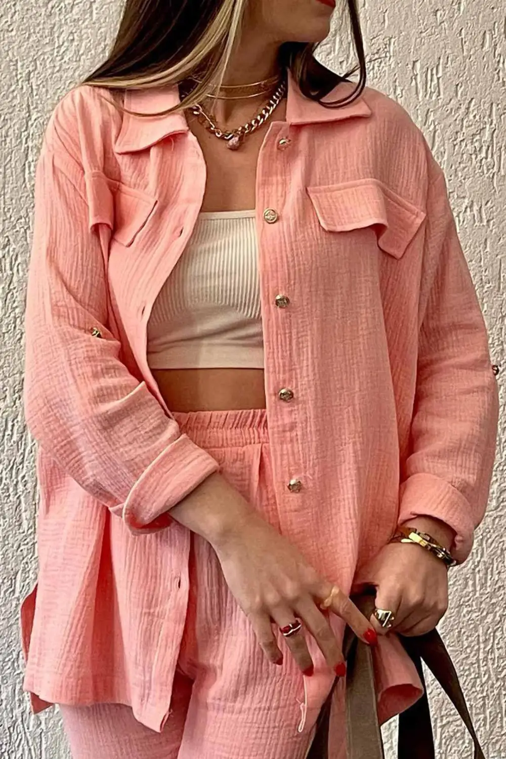 Long Sleeve Pocketed Slit Shirt Long Pants Suits