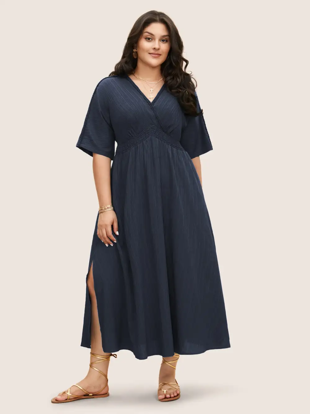 V Neck Shirred Contrast Webbing Split Side Dress