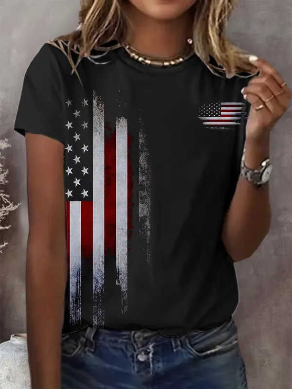 Women's Independence Day Flag Round Neck Short Sleeves Pure Cotton T-Shirt