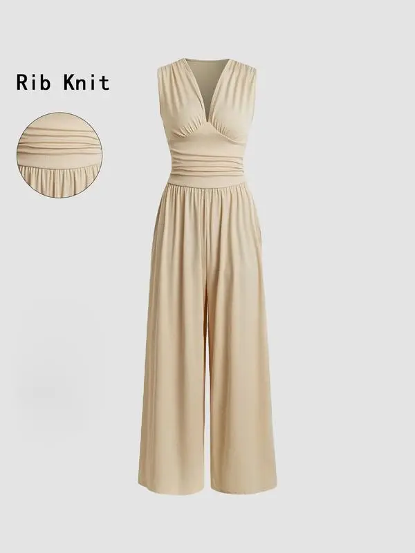 Women's Sleeveless Ruched V-Neck Ribbed Jumpsuit – Minimalist Wide-Leg One-Piece