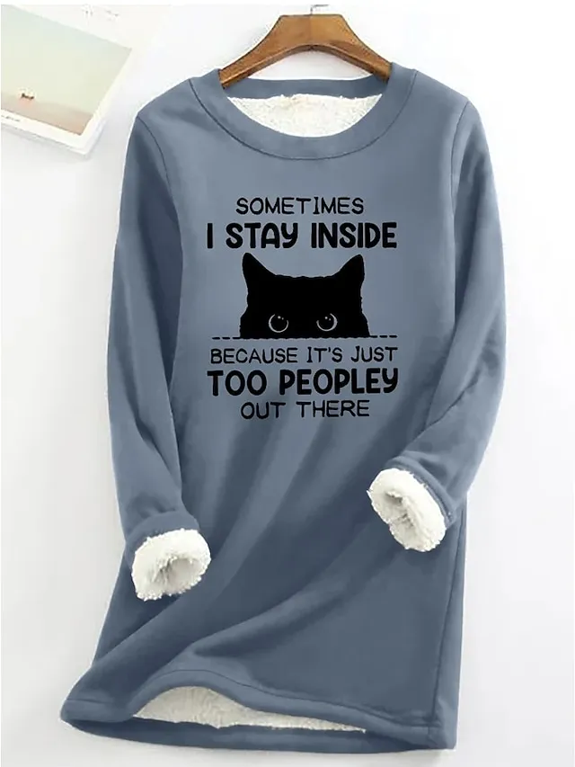 Women's Sweatshirt Pullover Fleece Lined Cat Letter Teddy Fuzzy Black Yellow Pink Street Casual Round Neck Long Sleeve Top Micro-elastic Fall & Winter