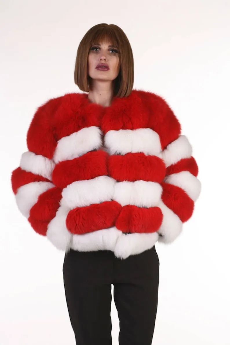 Red and White Fox Fur Jacket