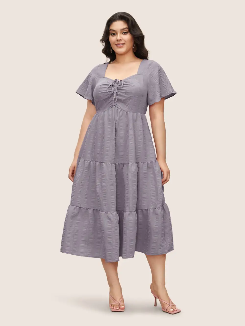 Plain Ruched Drawstring Pocket Ruffle Tiered Dress