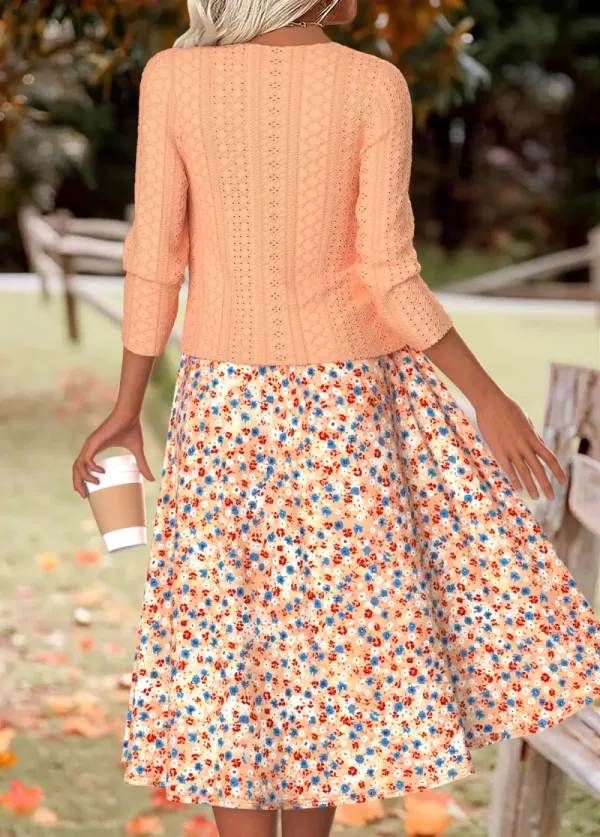 Orange Ditsy Floral Print Long Sleeve Dress and Cardigan
