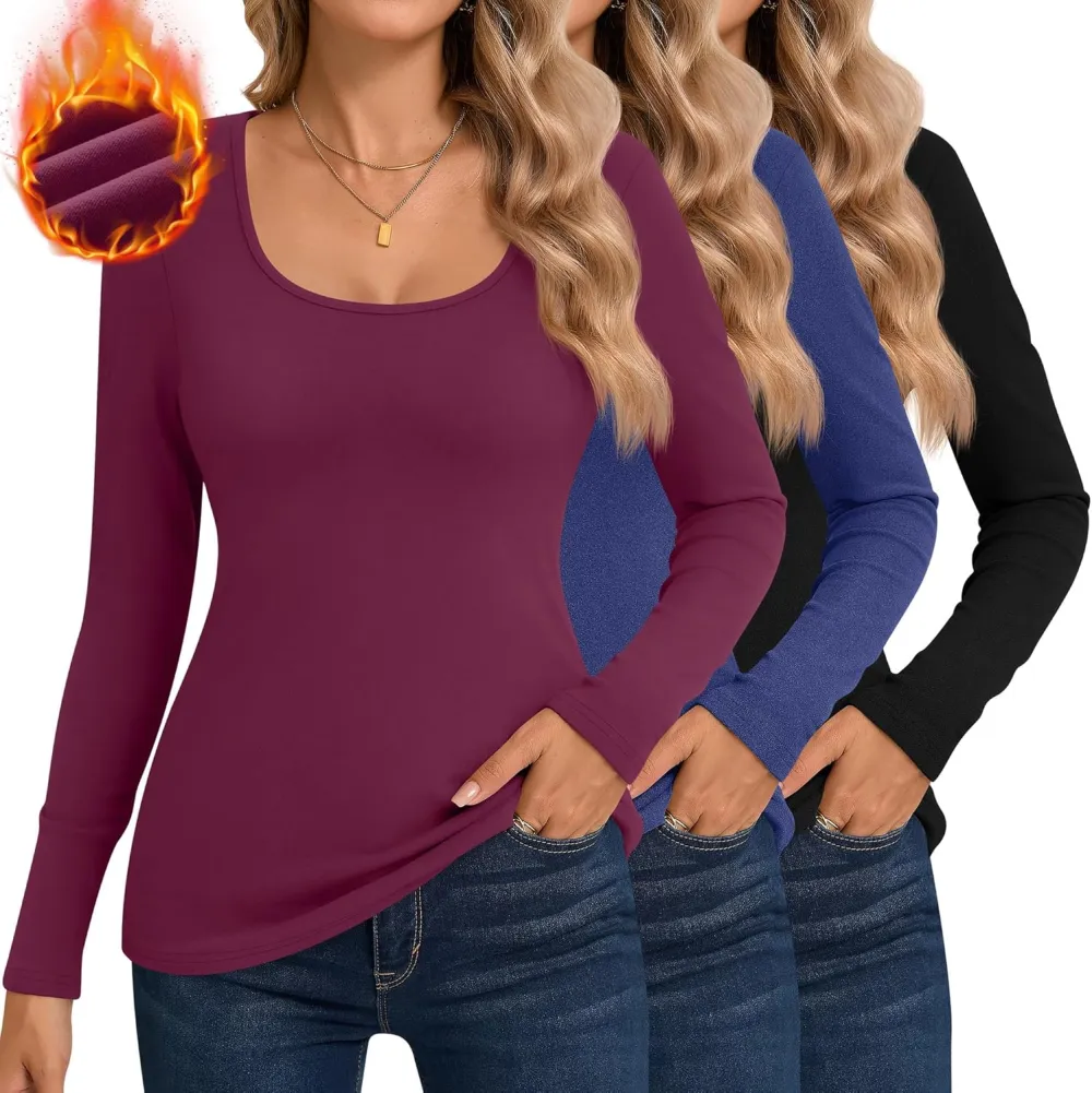 3 Pack Women's Thermal Long Sleeve Shirts Fleece Lined Scoop Neck Stretch Fitted Tops Winter Base Layer Underwear