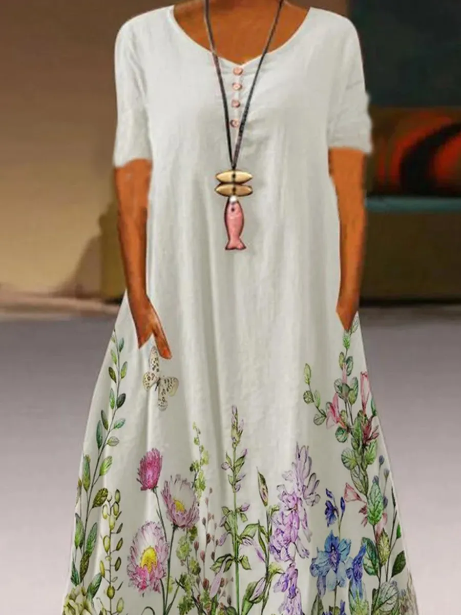 Ladies White Round Neck Floral Print Fashion Maxi Dress