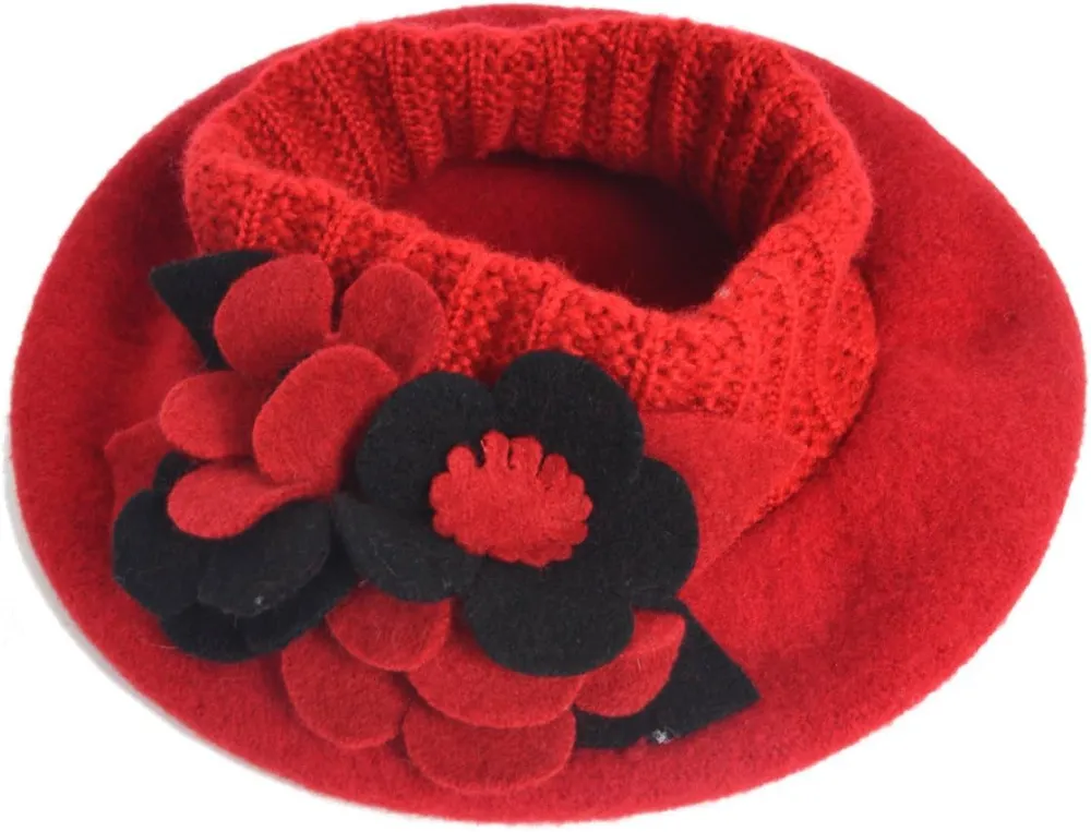 Lady French Beret 100% Wool Beret Floral Dress Beanie Winter Hat