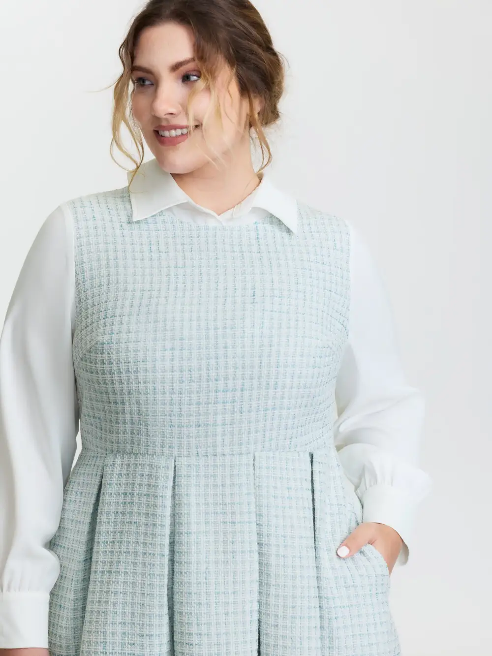 Tweed Colorblock Pleated Midi Dress