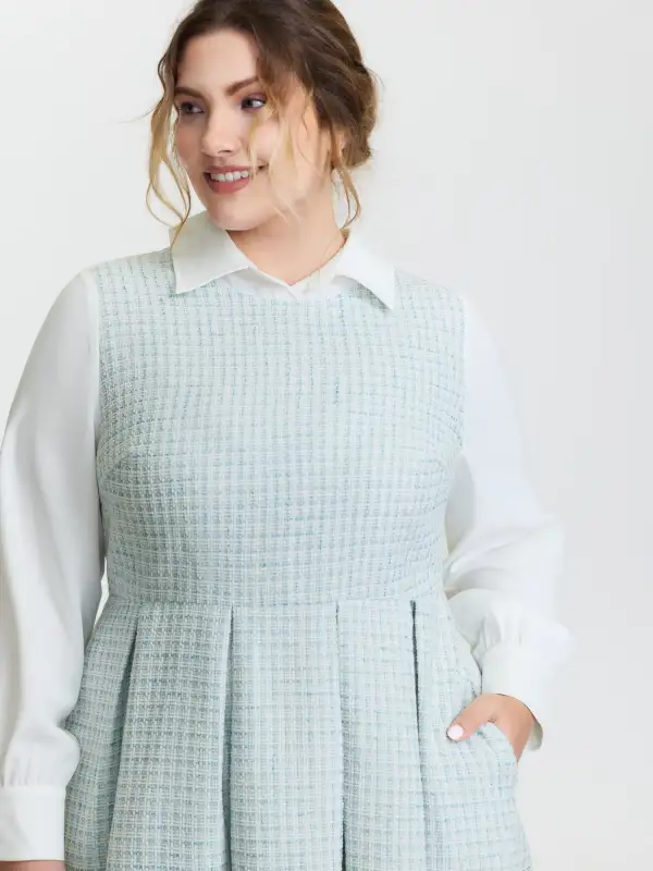 Tweed Colorblock Pleated Midi Dress