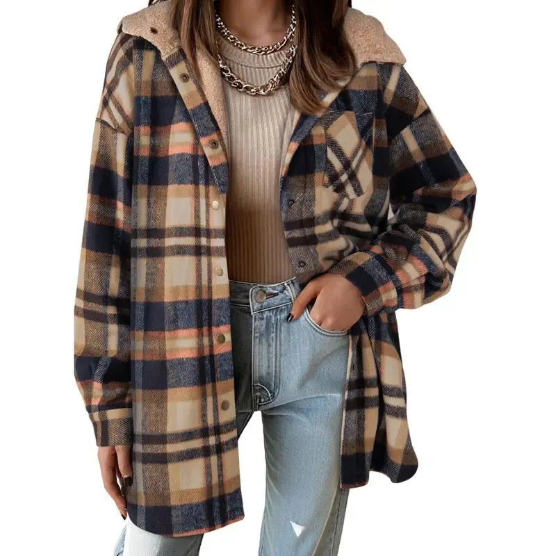 Flannel Hooded Plaid Shacket - Button-Down Thick Fleece-Lined Fuzzy Winter Coat