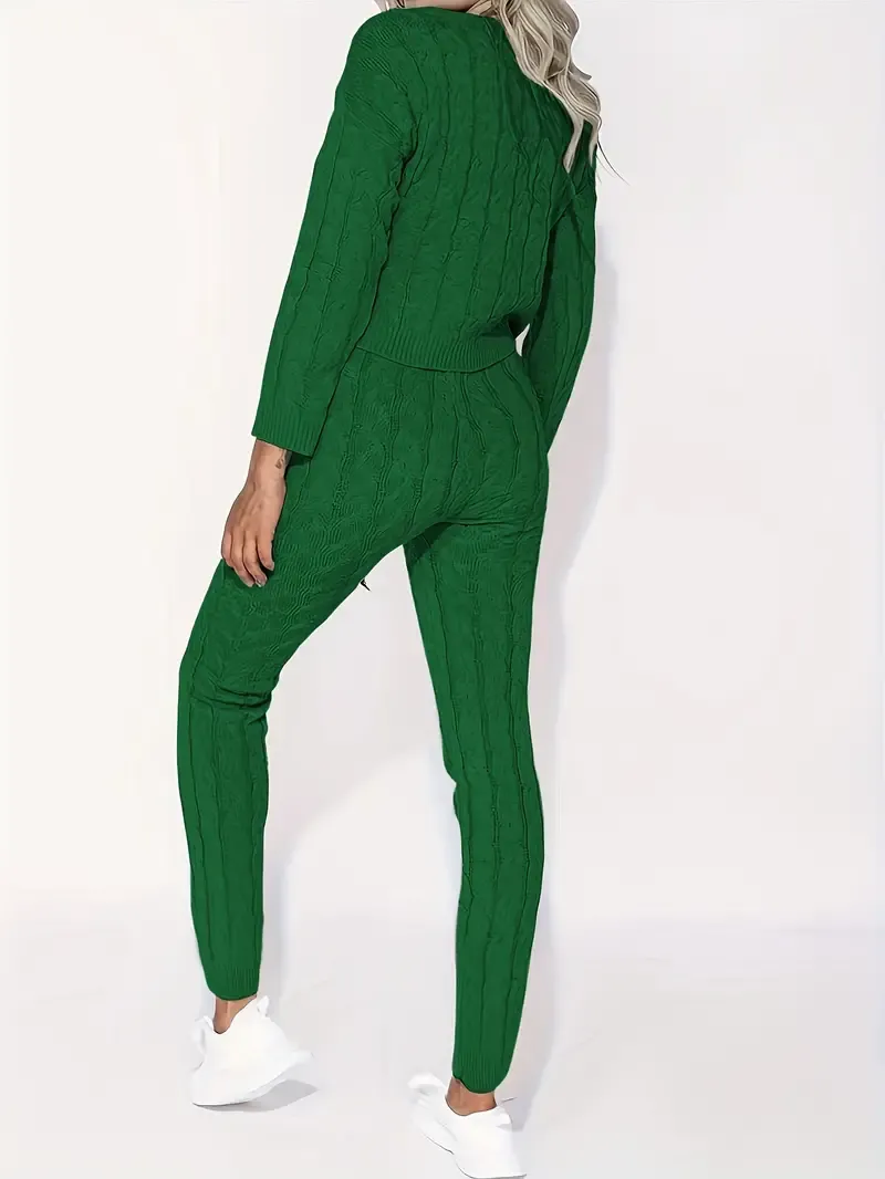 Solid Knitted Matching Two-piece Set, Casual Long Sleeve Sweater & Pants Outfits, Women's Clothing
