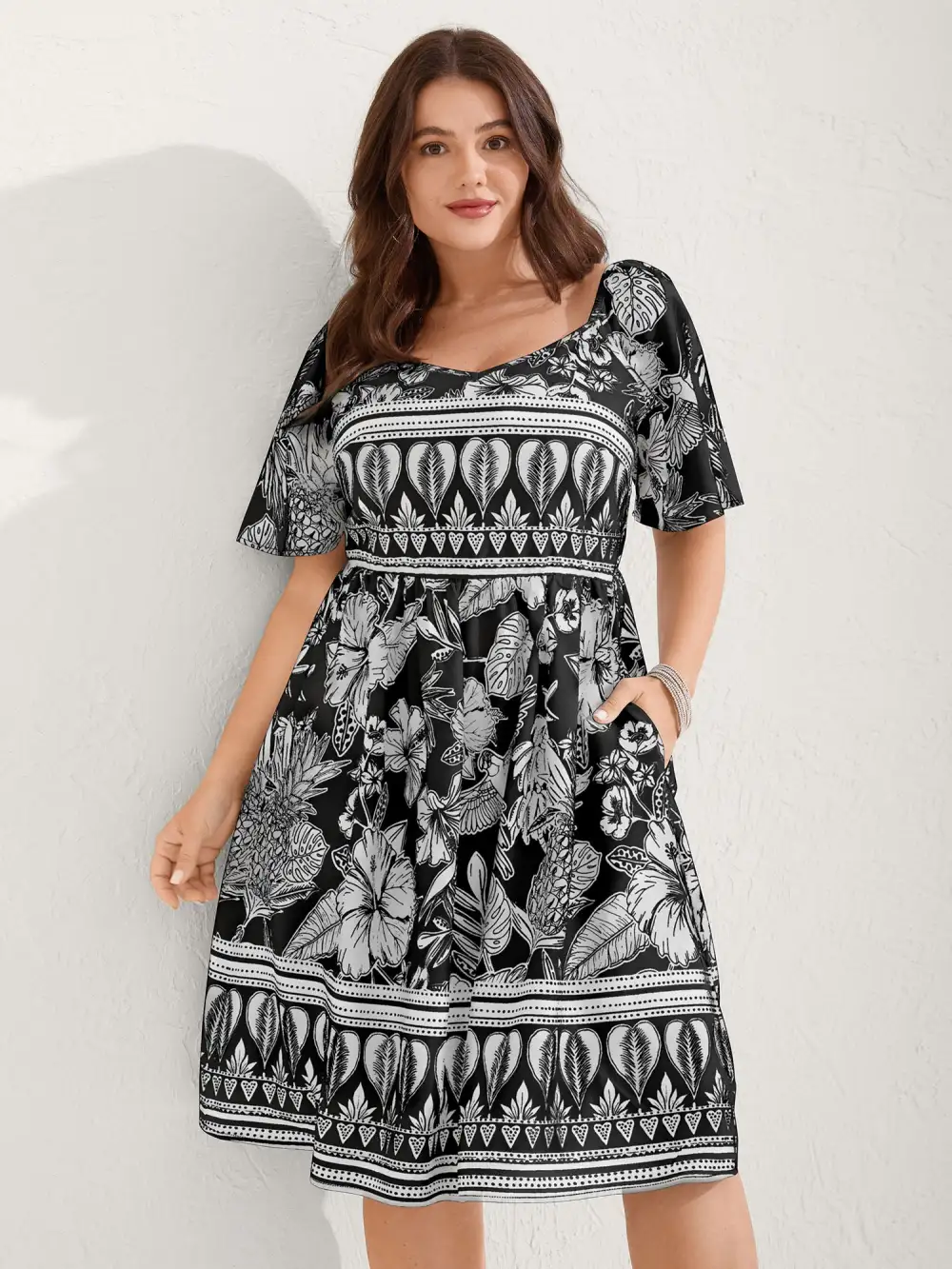 Boho Print Fit Flare Pockets Midi Dress