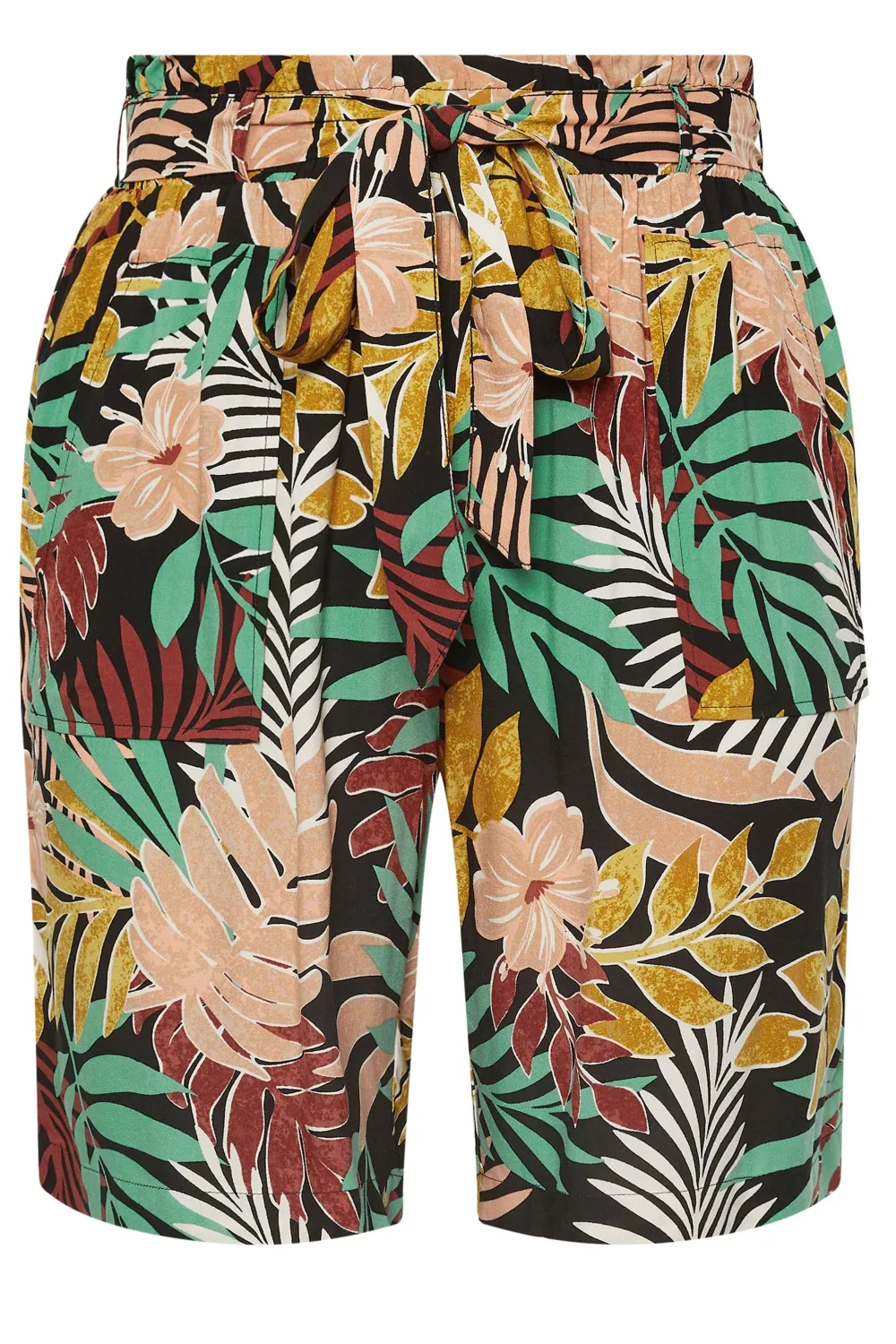YOURS Curve Black Tropical Print Paperbag Shorts