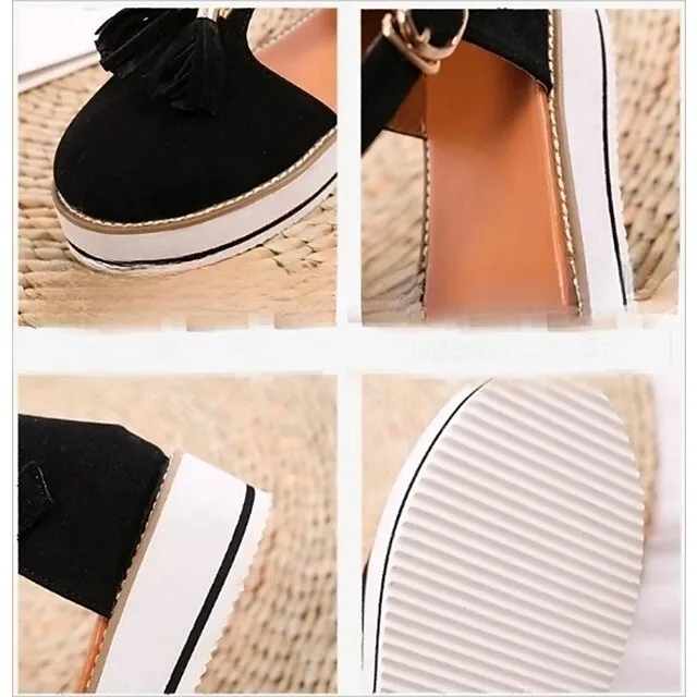 Women's Sandals Platform Sandals Plus Size Outdoor Daily Walking Summer Tassel Platform Flat Heel Round Toe Closed Toe Vintage Casual Faux Leather Synthetics Buckle Solid Color Solid Colored Black