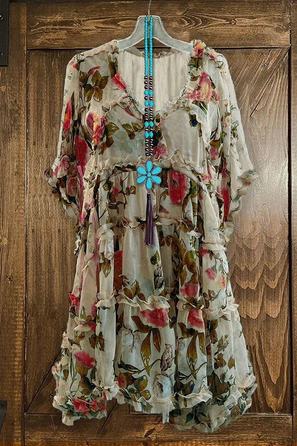 Vintage Floral Print Ruffled V-neck Dress