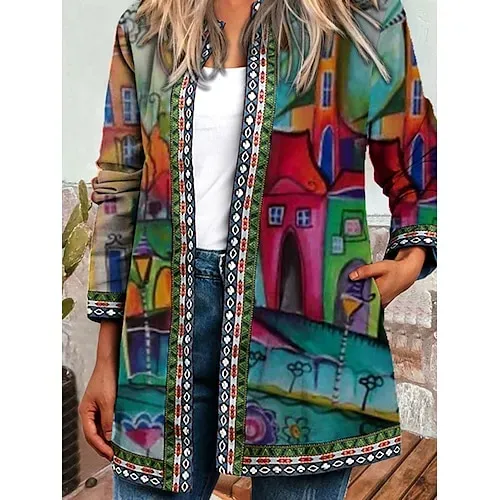 Women's Casual Lightweight Coat Open Front Work Print Geometric Comfortable Boho Vintage Regular Fit Long Sleeve With Pocket Outerwear Long Sleeve Fall Lake blue S