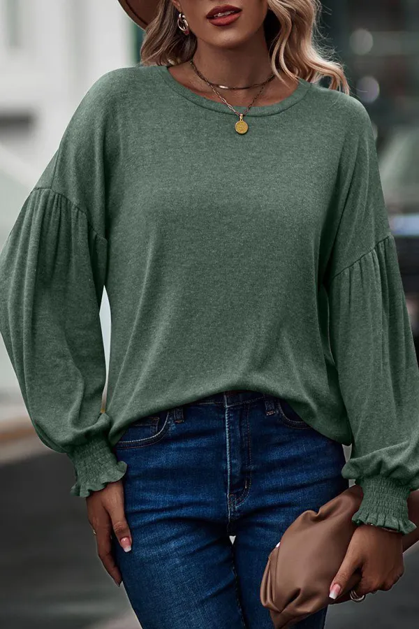 Smocked Bell Cuffs Long Balloon Sleeve Pullover