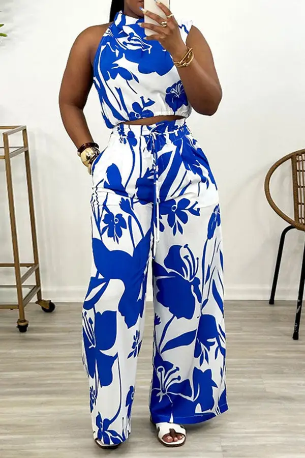 Floral Print Lace-Up Irregular Neck Pant Set