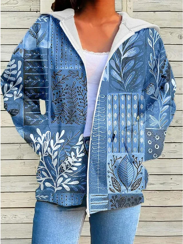 Women's Zip Hoodie Sweatshirt Streetwear Zip Up Front Pocket Navy Blue Blue Light Blue Geometric Christmas Casual Hoodie Long Sleeve Top Micro-elastic Fall & Winter