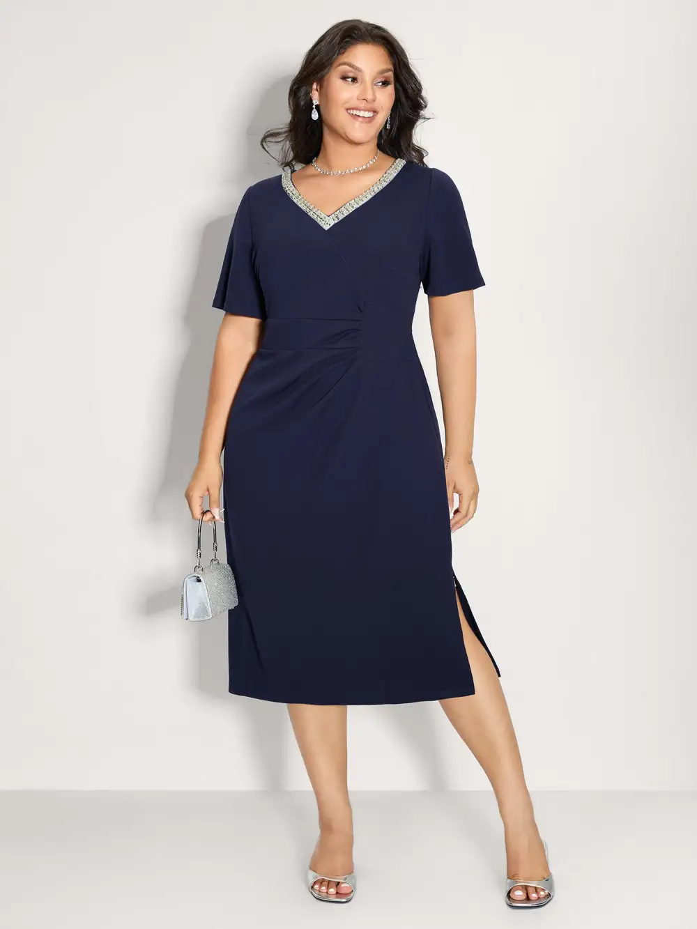 Pleated Tummy-Friendly Metal Detail Midi Dress