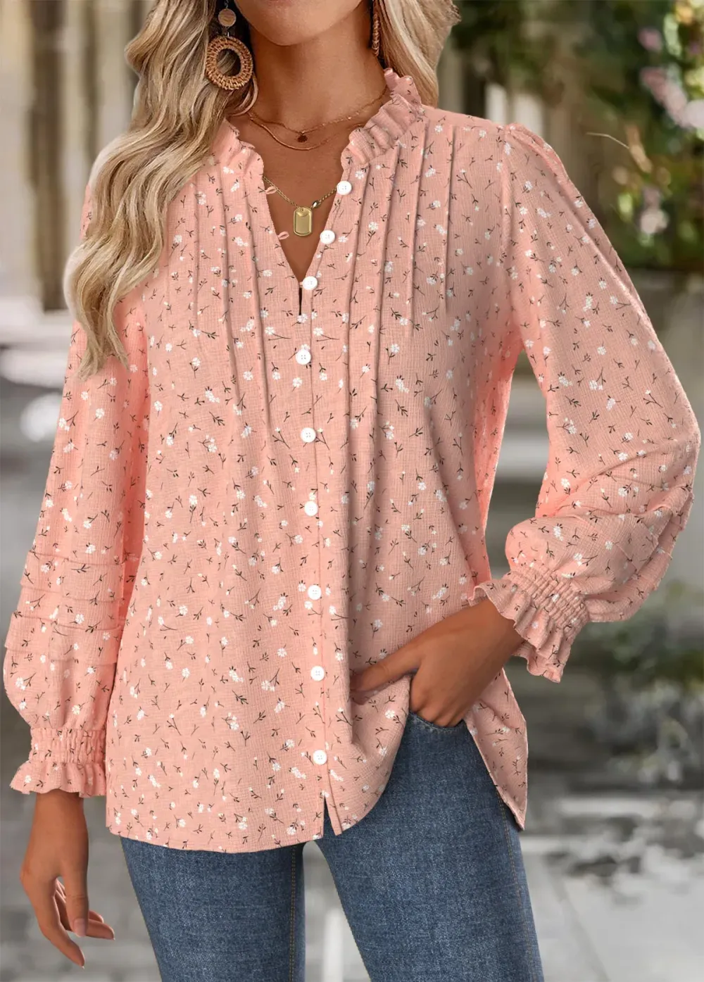 Pink Tummy Coverage Floral Print Long Sleeve Blouse