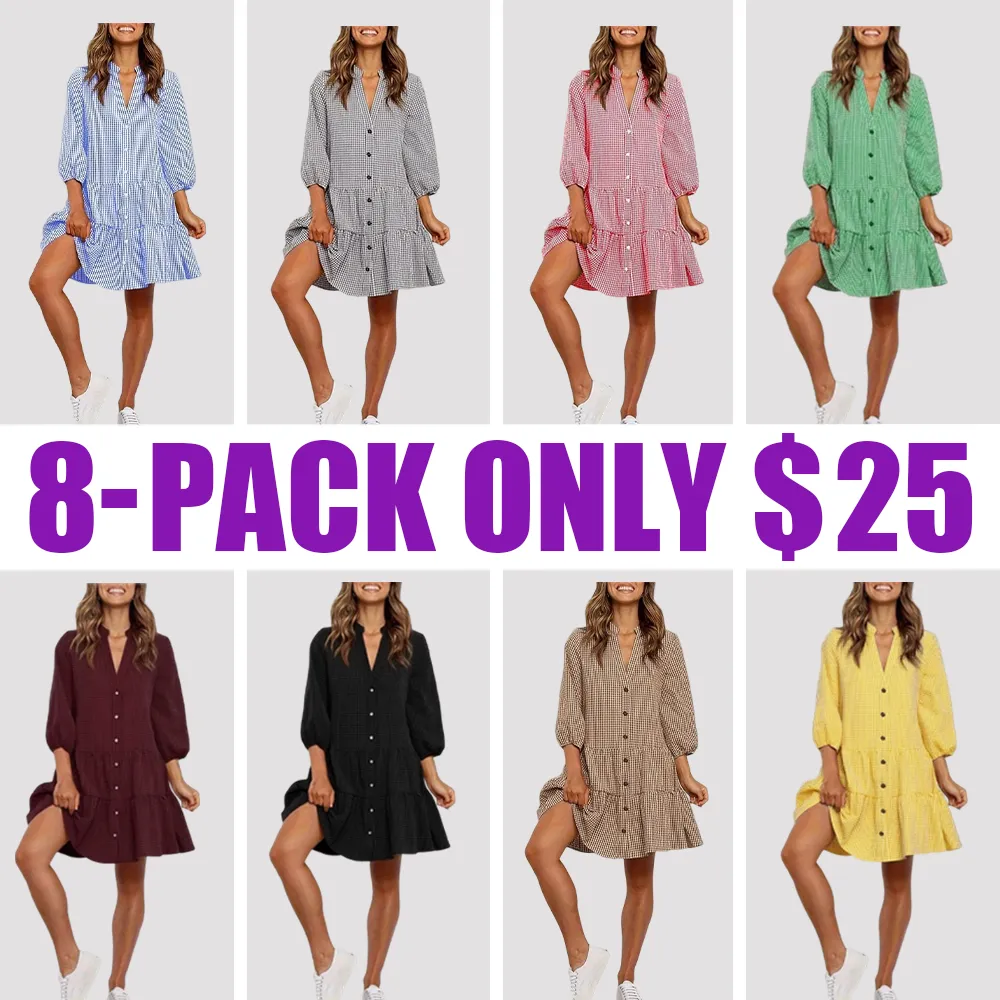 Women's Gingham Ruffle Shirt Dress – Button Front Notched Neck Mini Dress with Bishop Sleeves, Casual Chic Outfit for Spring, Summer & Fall