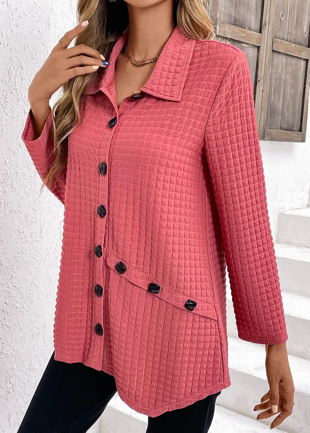 Coral Button Long Sleeve Shirt Collar Blouse