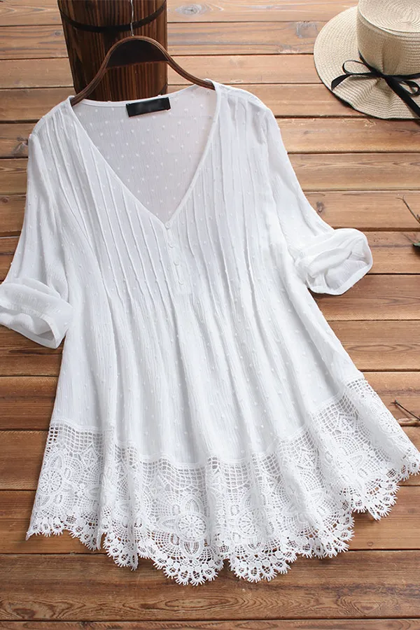 Solid Jacquard V-Neck Lace Patchwork Shirt