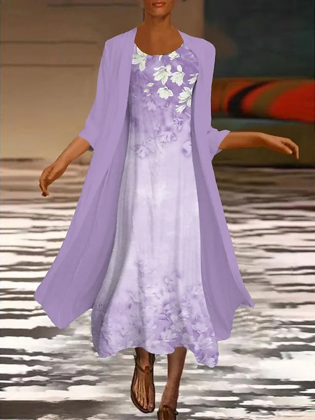 Women‘s Dress Set Two Piece Dress Midi Dress Green Blue Purple Pink White Long Sleeve Floral Ruched Print Summer Spring Fall Crew Neck Elegant Casual Classic 2023 S M L XL XXL 3XL / Summer Dress