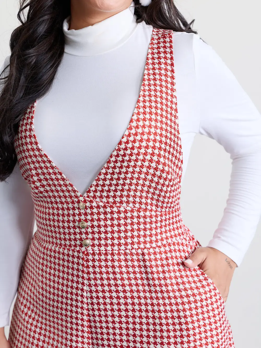 Houndstooth Pattern Stretchy Waist Pockets Jumpsuit