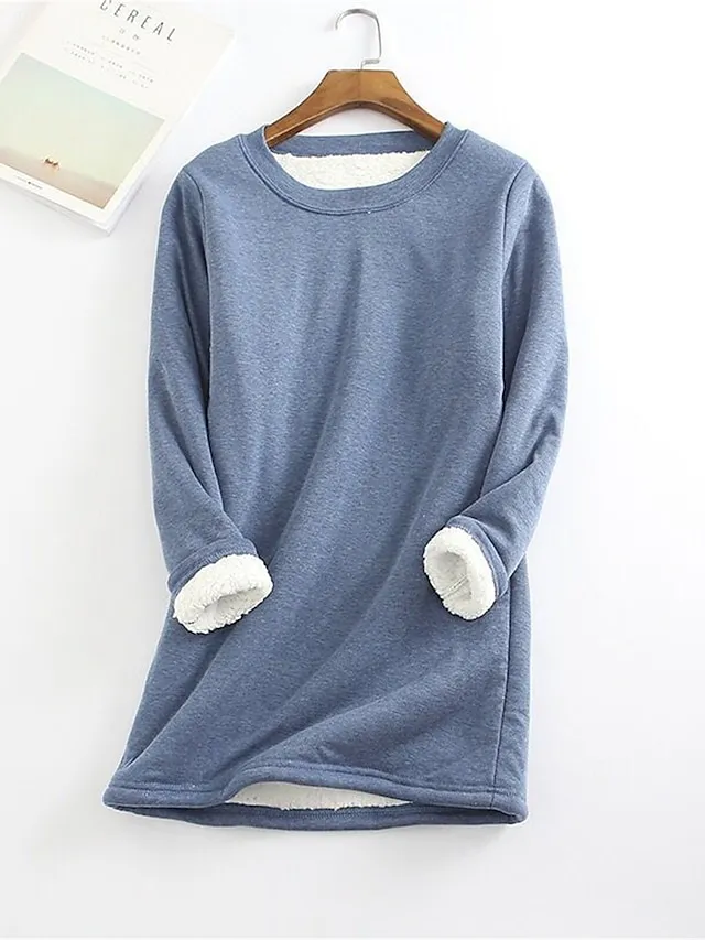 Women's Fleece Lounge Top Pure Color Warm Fashion Casual Home Street Daily Cotton Warm Crew Neck Long Sleeve Pullover Winter Denim Blue Melon red