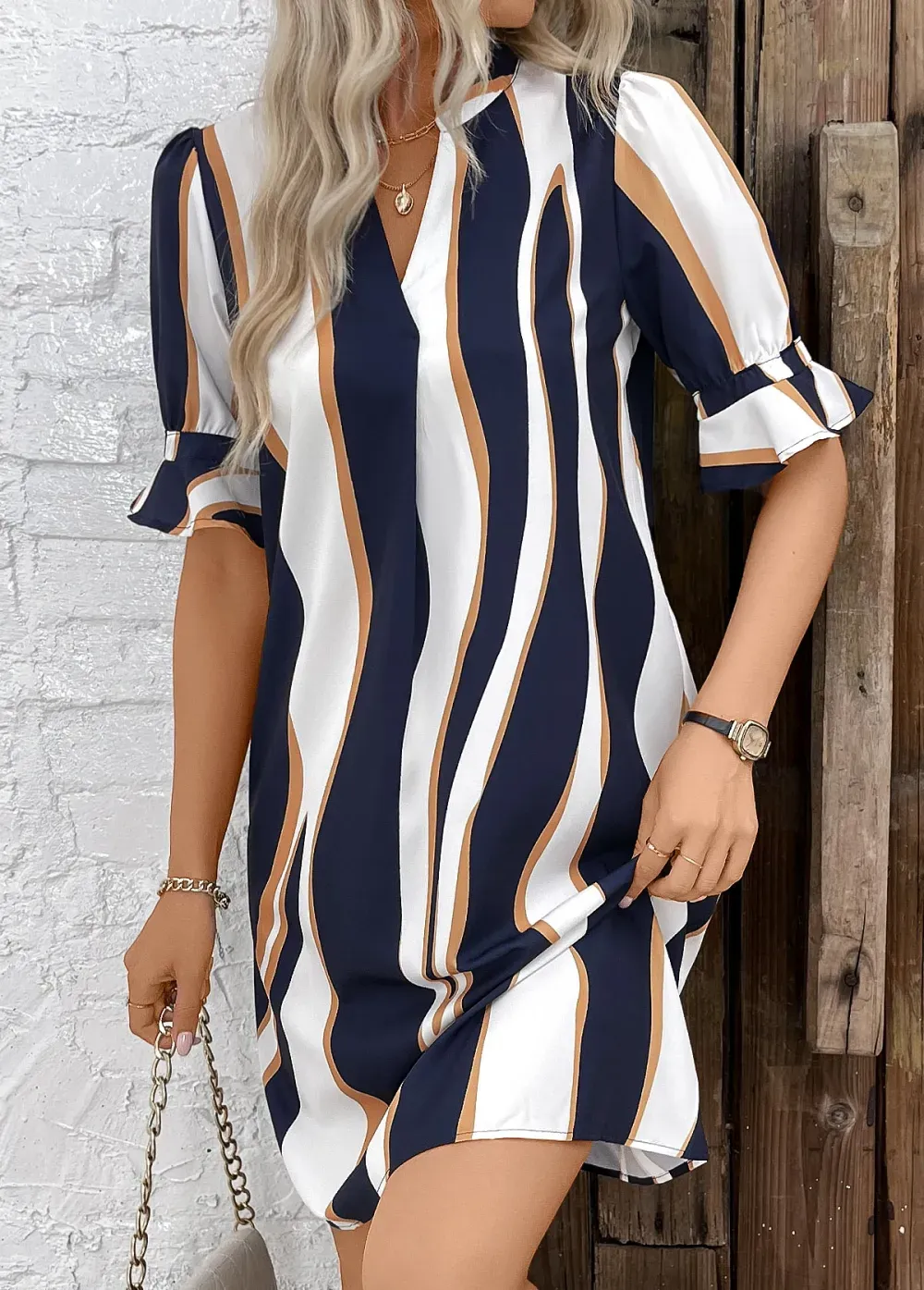 Navy Patchwork Striped Half Sleeve Split Neck Dress