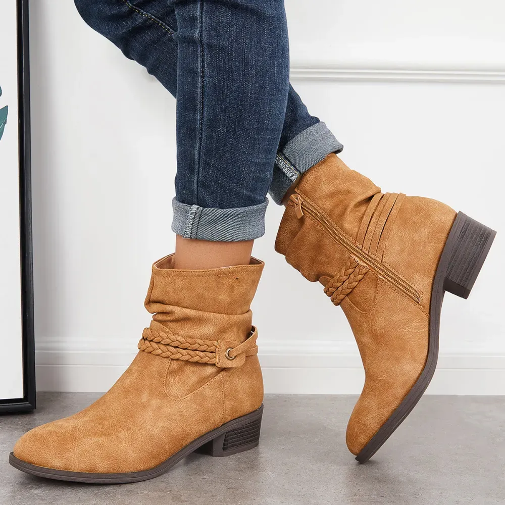 Slouchy Ankle Boots Braided Strap Chunky Block Heel Booties