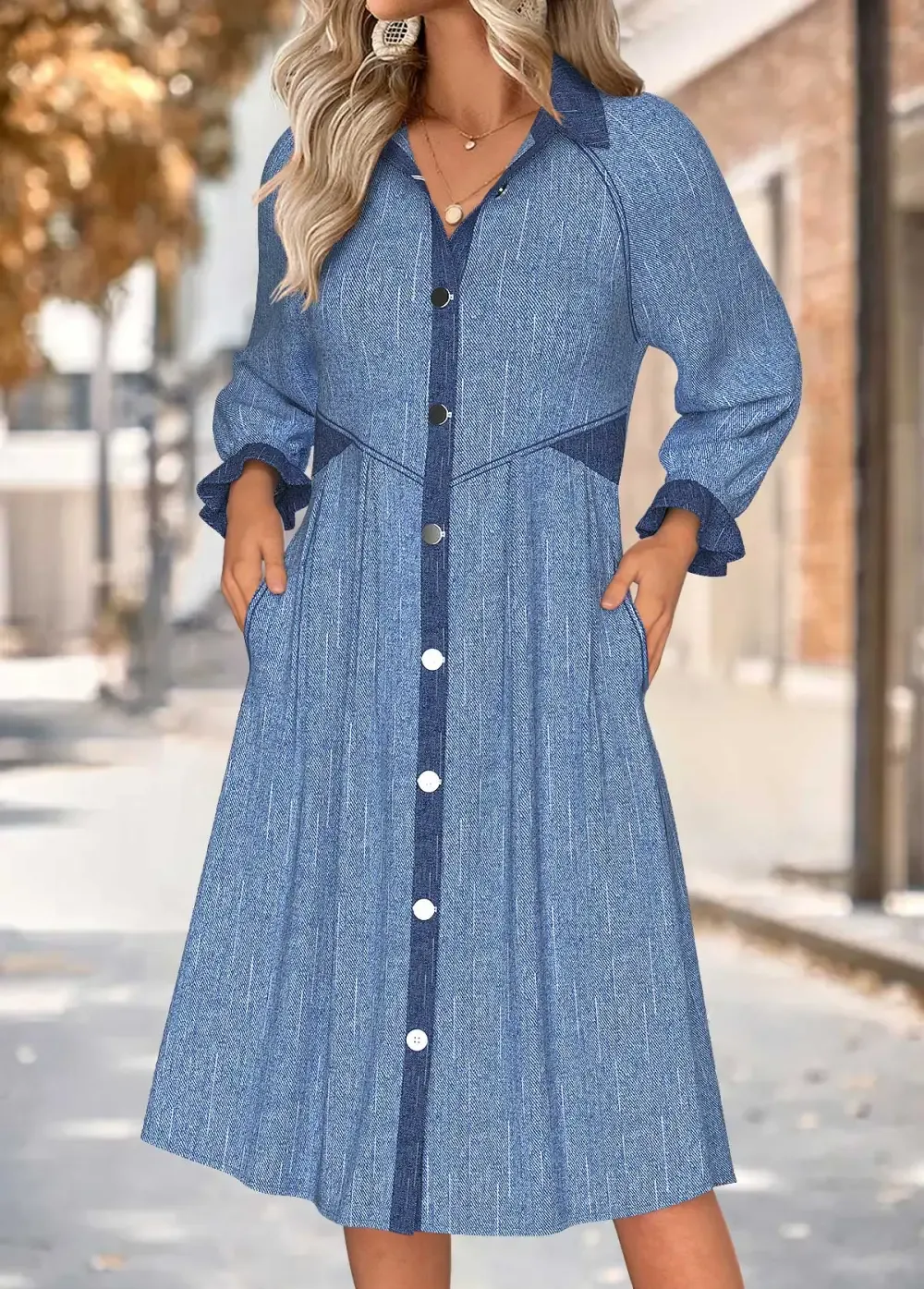 Blue Tummy Coverage Long Sleeve Shirt Collar Dress