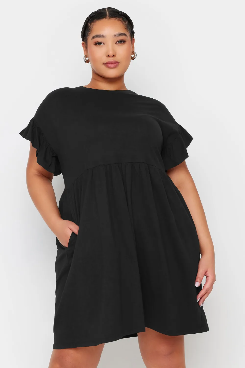 YOURS Curve Black & White Stripe Frill Sleeve Smock Tunic Dress
