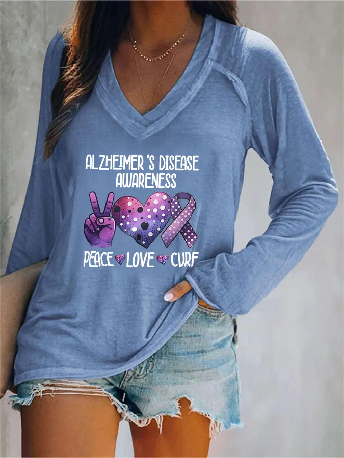 Women'S Alzheimer'S Disease Awareness Peace Love Cure V-Neck T-Shirt