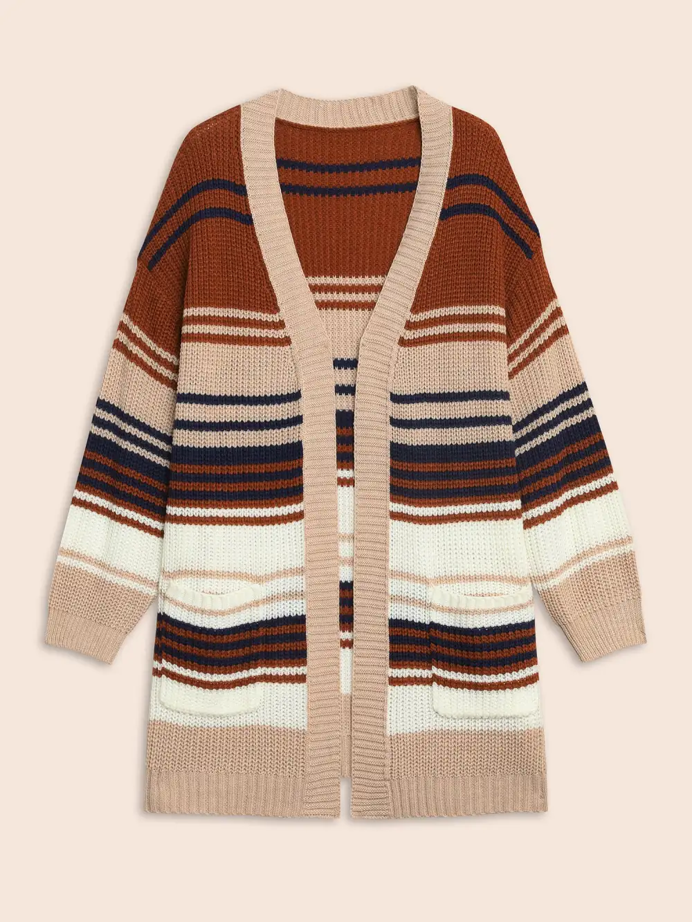 Contrast Striped Pocket Drop Shoulder Cardigan